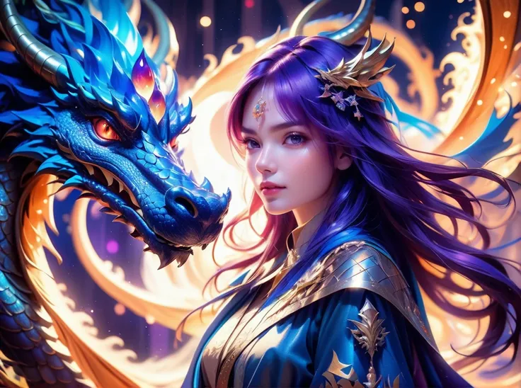 (mysterious:1.3), ultra-realistic mix fantasy,(1 giant eastern dragon:1.3) behind an asian woman holding a glowing sword,void energy diamond sword, in the style of dark azure and light azure, mixes realistic and fantastical elements, vibrant manga, uhd ima...