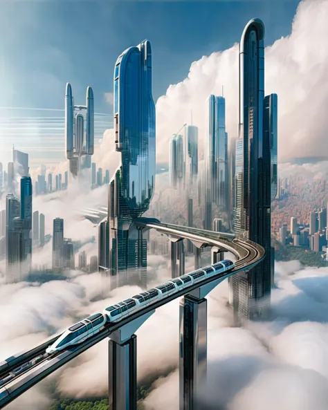 a monorail whizzes past transparent skyscrapers, revealing advanced transport systems amidst a city that hovers above the clouds...