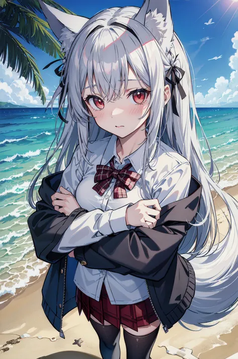 (((masterpiece portrait))), (((ultra-detailed))), ((1girl)), wolf girl, gray hair, long hair, ((hair accessories)), collar, ((bl...