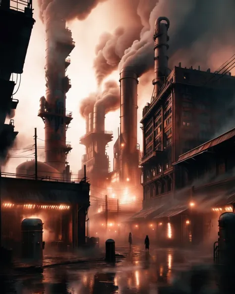 steam billows from towering factories on a dystopian world, casting an eerie glow on metallic architecture and gloomy streets.<l...