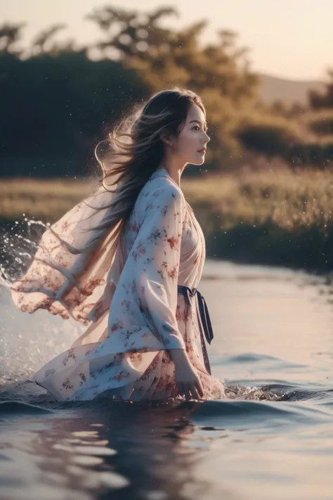 cinematic photo A young girl in a light floral dress, feet in the water,  hair in the wind, long hair, golden hourVolumetriclight . 35mm photograph, film, bokeh, professional, 4k, highly detailed