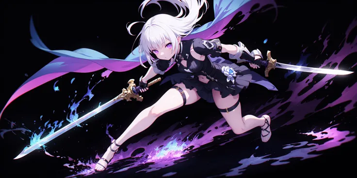 colorful, 1girl, white hair, purple eyes, dual wielding, sword, holding sword, blue flames, glow, glowing weapon, light particles, wallpaper, chromatic aberration, full body,