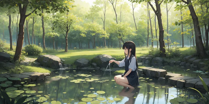 A girl is playing with water by the pond, surrounded by a quiet forest