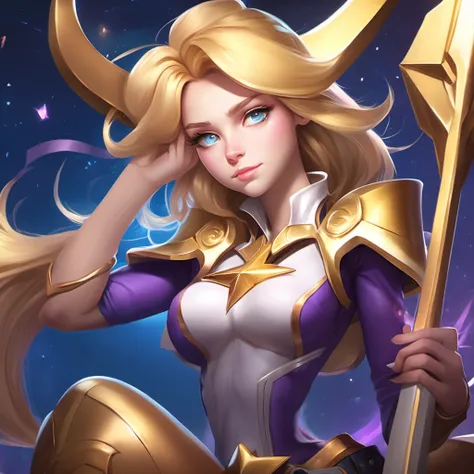 masterpiece, best quality, 1girl, golden hair, anime girl, art by daniela uhlig, lux from league of legends, cowboy shot, star guardian