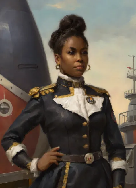 closeup portrait of the black female captain of a retro-future rocket ship stands on the launch pad in front of her victorian-style space ship wearing a baroque styled uniform