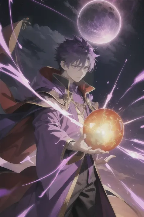 (masterpiece, highest quality, 8k, 16k, high quality, anime screencap, digital art, intricate background), 1boy, tall, teenaged, purple mage robe, purple hair, purple eyes, orange fire ball, in battle, nighttime, purple lighting, purple magic particles, cl...