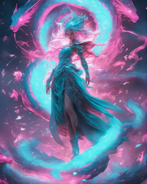 A full body portrait of a levitating beautiful woman surrounded by a whirlwind of cyan and pink light dragons, highly detailed eyes, 2d art cover, official fanart behance hd artstation, masterpiece, smooth render, watercolor, 8k quality