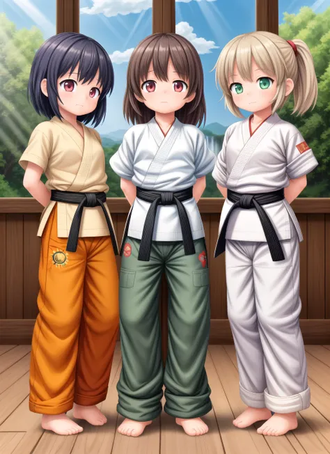 masterpiece,best quality,official art,extremely detailed cg unity 8k wallpaper,full body,wide angle,3girls,tied up hair,karate c...