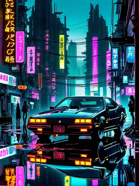 (dark anime art), cyberpunk war car, dark city, reflective puddles, neon signs