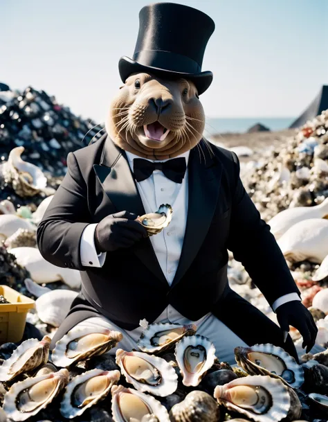 cinematic photo Polaroid, dramatic lighting, big smiling walrus wearing a tuxedo and top hat eating oysters in a garbage pile, landfill, Tai chi, Fuji superia 400 . 35mm photograph, film, bokeh, professional, 4k, highly detailed, involved in a project