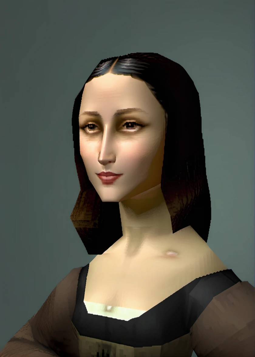 1girl, mona lisa, (ps1 style:1),  <lora:ps1_style_sdxl_v1:1>, (game screenshot), (computer generated image)