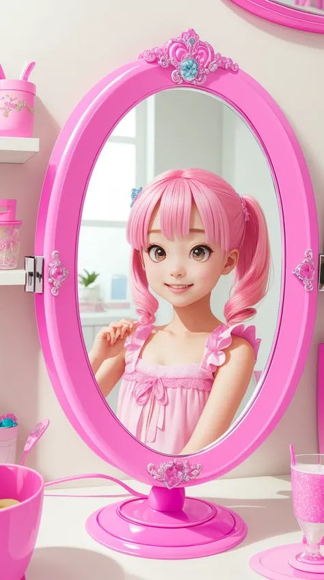 pink colored <lora:barbiecore:0.8> barbiecore mirror, (shiny plastic:0.8), (pink plastic:0.9), anime style