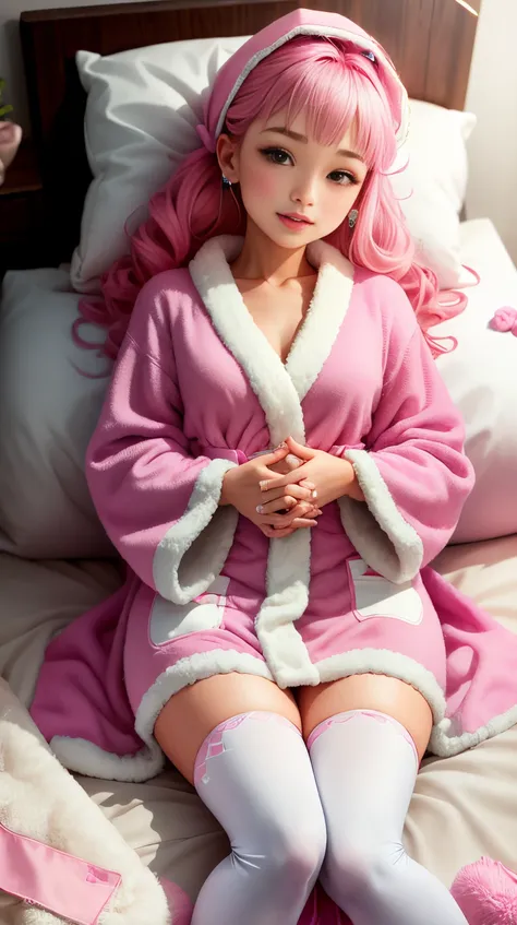 <lora:barbiecore:0.8> barbiecore plush robe with cozy lining, (shiny plastic:0.8), (pink and white:0.9), (pastel:0.85)