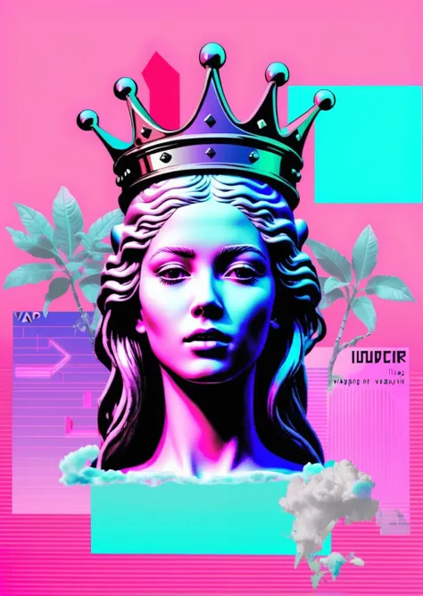 a woman with a crown on her head and a pink background and a message that reads : 'vapor-graphic',   <lora:vapor_graphic_sdxl:0....