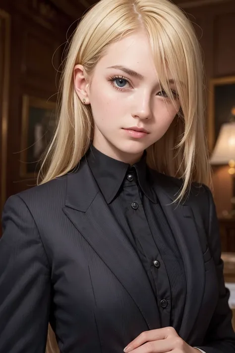 portrait of european girl,solo,20yo,beautiful face,uppser body,hair over one eye,medium sidecut, blonde hair, sharp focus,black business suit