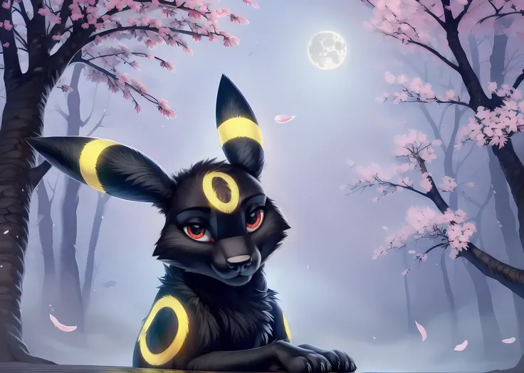 ((solo)) (feral, umbreon), female, paws, looking at viewer, cherry blossom, night, fog, flower, full moon,, [best quality, shaded, extreme detail, highly detailed, ultradetailed, intricate, realistic], detailed background, by Enki Bilal, by wolfy-nail, by ...