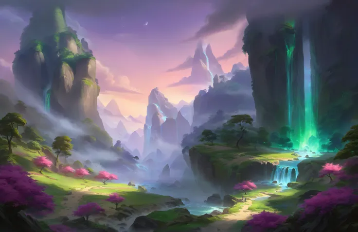 best aesthetic, league of legends, A breathtaking panorama of Ionia, the First Lands in League of Legends. The landscape is vibrant and lush, with verdant forests and mystic cliffs that are shrouded in the gentle mist of morning. Ancient temples with ornat...