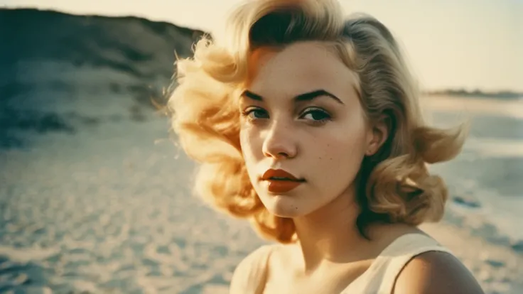 AnalogRedmAF,
Teenage Girl Portrait, Analog Collodion, Dreamy Expression, 1960s, Sunset Lighting, Denim Texture, Beach Background, Spiral Composition, Organic Grain, Soft Focus on Lips, Marilyn Monroe
, <lora:AnalogRedmond-AnalogRedmAF-Repet5-100-NewMulti...