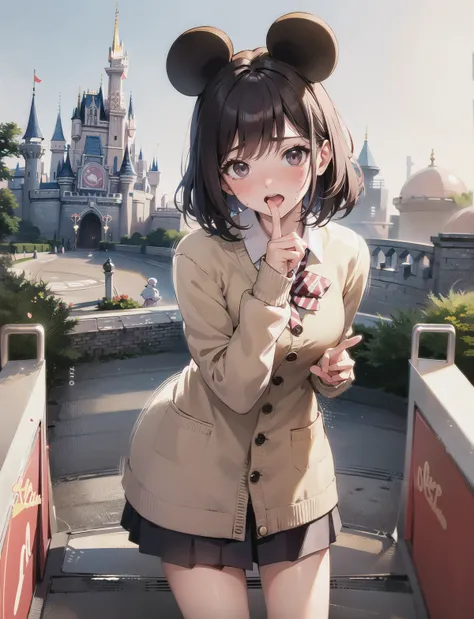 masterpiece, best quality,
1young girl standing,small breast,looking at viewer,surprised, (open mouth:0.5),(nose blush,sweat),peace sign,
<lora:jk fashion_v2:0.8>,jk fashion, cardigan,
day,in a disney land,Castle,mickey mouse,Rides, Parades,Fantasyland, Ad...