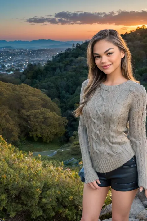 photo of S140_AthenaFaris, a beautiful woman, standing on a (hillside:1.2) (slope:1.2), (forest-landscape:1.2), (forest-view:1.2), wearing a (knitted-sweater:1.2), (sunset:1.1), (8k, RAW photo, best quality, depth of field, ultra high res:1.2), (absurdres,...