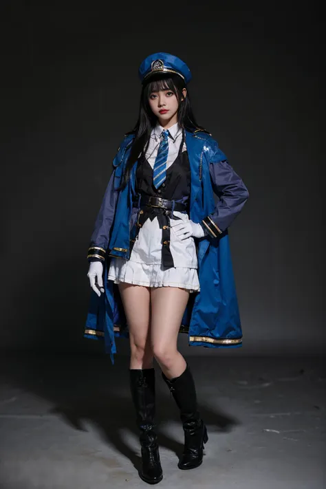 best quality, masterpiece, realistic, (photorealistic:1.4), 1girl, solo, full body, diesel cosplay costume, cosplay, jacket, hat, gloves, necktie, boots, simple background, <lora:nikke_diesel_cosplay_costume_v1:0.65>