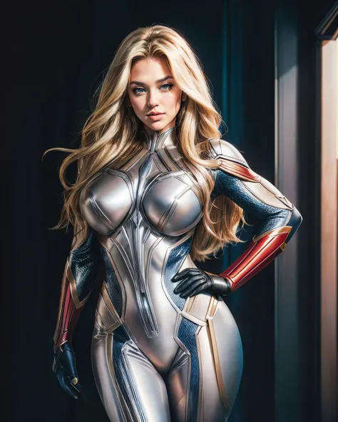 closeup headshot, RAW photo of a gorgeous woman as a superhero, blkblsm with long  flowing blonde hair, (wearing full body superhero suit:1.2), (marvel themed), 70mm professional photography, full detail, detailed face, 8k uhd, dslr, soft lighting, high qu...