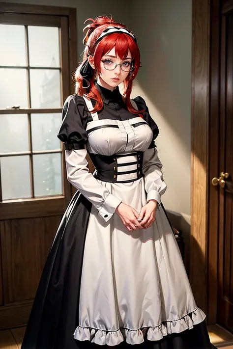 (masterpiece:1.4),(best quality:1.4),(absurdres:1.4),pin-up,	<lora:ANIME_LiliaGreyrat_aiwaifu-10:0.6>,	LiliaGreyrat_aiwaifu,red hair,long hair,glasses,hairband,purple eyes,bangs,large breasts,maid headdress,ribbon,semi-rimless eyewear,hair ribbon,under-rim...