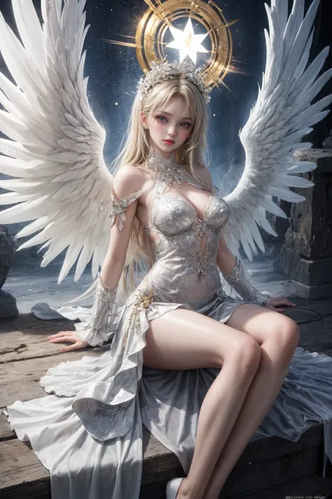 masterpiece, (best quality:1.4), [:intricate details:0.2], 1girl, angel, angel wings, (angel halo), sky, shimmering aura, intense focus, crackling energy, mysterious symbols, sparkling motes,