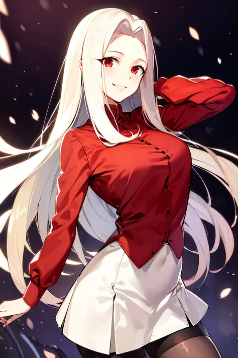 ((masterpiece,best quality)), absurdres, <lora:Irisviel_von_Einzbern_Combined:0.7>, Irisviel_von_Einzbern, red shirt, white skirt, solo, smiling, looking at viewer, cowboy shot, cinematic composition, dynamic pose