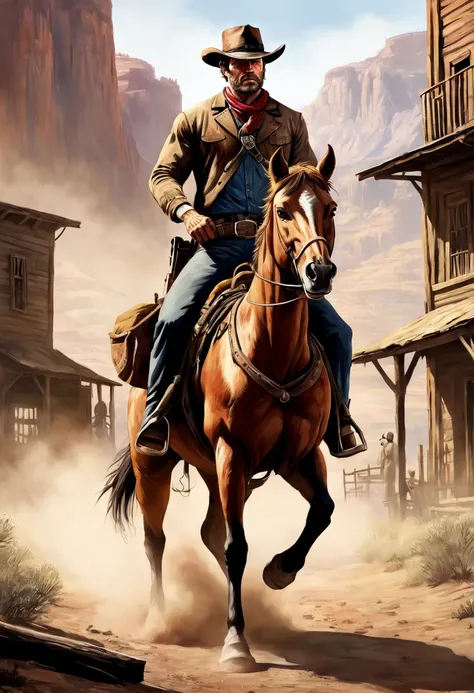 arthur morgan as a cowboy on a horse, lonely, red dead redemption concept art, western art by Tim Doyle, trending on Artstation, wild west, digital illustration, canyon landscape