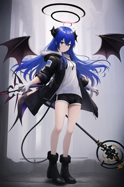 masterpiece, best quality, highres, solo, {mostima_arknights:1.10}, blue_hair, long_hair, halo, horns, blue_eyes, demon_horns, fur_trim, smile, wings, bangs, holding, hood, hair_between_eyes, 1girl, bare_legs, black_footwear, black_jacket, black_shorts, bo...