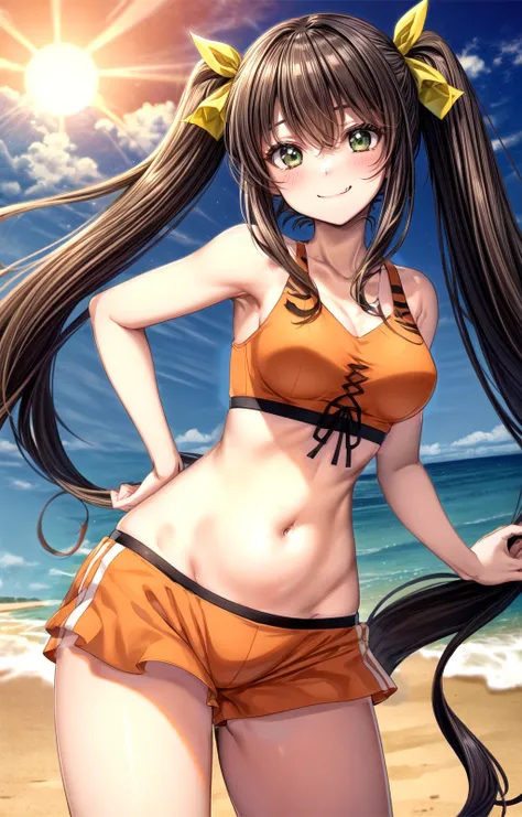 masterpiece, best quality, best aesthetic, anime, ultra detailed,
lingyinhuang, fang, open mouth, (yellow ribbon, hair ribbon:1.2), 1girl, solo, huang_lingyin_bikini, orange bikini, sports bra, (orange shorts, short shorts, black ribbon:1.2), (medium breas...