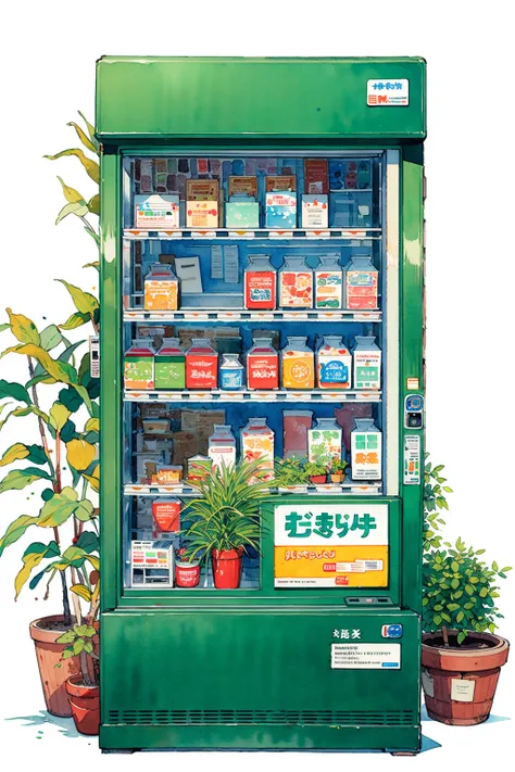 no humans, white background, traditional media, simple background, plant, painting (medium), watercolor (medium), outdoors, sign, shop, vending machine, scenery, potted plant, storefront <lora:Pastel color:0.85>