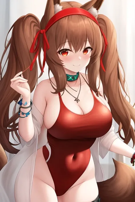 masterpiece, best quality, highres, solo, {angelina_arknights:1.10}, brown_hair, long_hair, animal_ears, fox_ears, twintails, bangs, hairband, red_eyes, red_hairband, breasts, infection_monitor_(arknights), smile, blush, large_breasts, very_long_hair, 1gir...