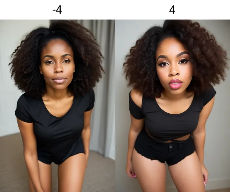black woman, close-up, black shorts, black shirt, brown hair, looking at viewer, low sharpness<lora:lip_slider_v2:-4>
