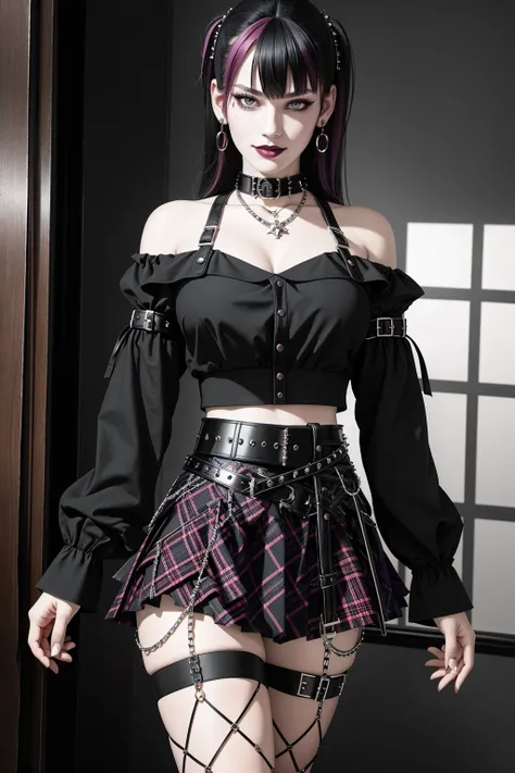 ((Masterpiece, best quality)), edgQuality,smirk,smug,
edgpskirt, a woman in a black top and a plaid skirt ,wearing edgpskirt,punk skirt,multiple chains, leather harness,belts,leather
<lora:edgPunkSkirt:0.85>