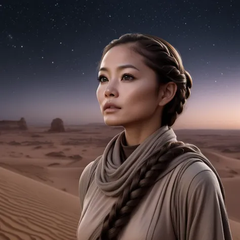 photo, photorealistic portrait of an elegant japanese woman on tatooine at dusk wearing a jedi outfit looking up at the starry sky, braids, nebula, minimalist jedi outfit, cinematic lighting, looking up, extremely detailed background, detailed face and eye...