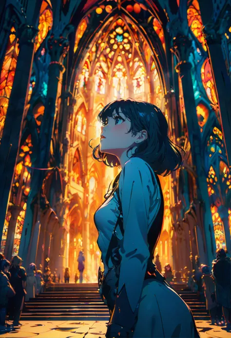 comic masterpiece,1girl, at Sagrada Familia, FOV 90 degrees, Fearful, Deathpunk, Black lighting, Selective focus . graphic illustration, comic art, graphic novel art, vibrant, highly detailed