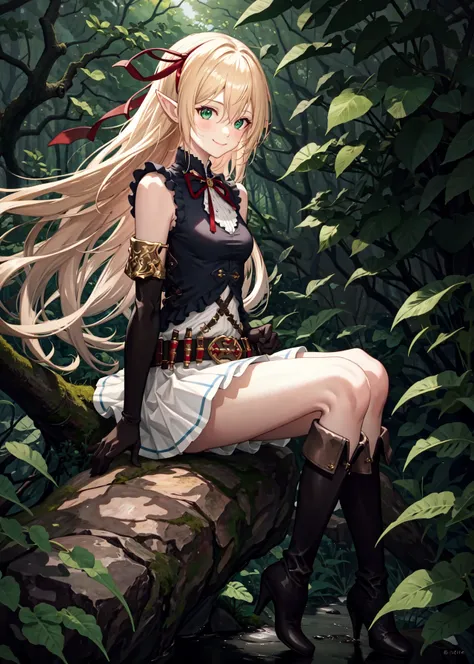 (masterpiece, best quality, highres, detailed:1.4), a beautiful picture of an elf girl sitting on a log in a forest, long hair, bangs, ribbon, pointy ears, hair ribbon, elf, gloves, blush, blonde hair,  elbow gloves, red ribbon, hair between eyes, green ey...