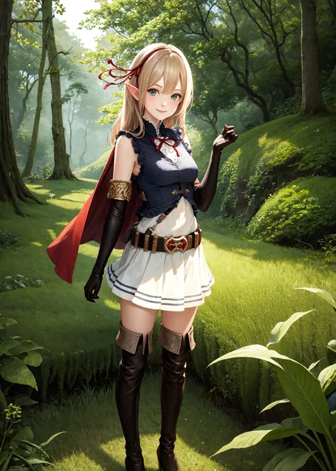 (masterpiece, best quality, highres, detailed:1.4), a beautiful picture of an elf girl standing in a forest, long hair, bangs, ribbon, pointy ears, hair ribbon, elf, gloves, blush, blonde hair,  elbow gloves, 1girl, red ribbon, hair between eyes, green eye...