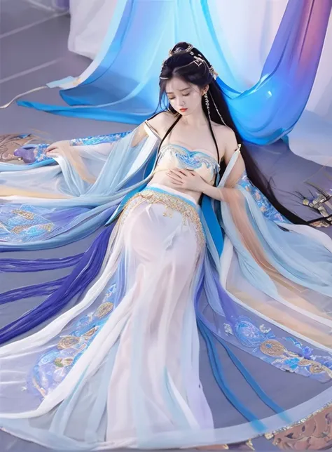 masterpiece,32k,extremely detailed CG unity 8k wallpaper, best quality, vibrant colors, break, china goddess, see-through,1girl,lying,on stomach,prone bone, full body, long hair, black hair, see through clothes, small breasts, off shoulder,transparent shaw...