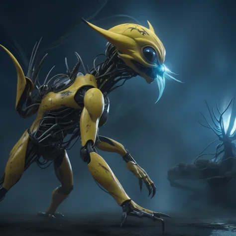 close-up shot of a creepy scary alien creature inspired from pikachu, mechanical parts, intricate details, blue energy flowing, hiding in the fog, cinematic lighting, volumetric lighting