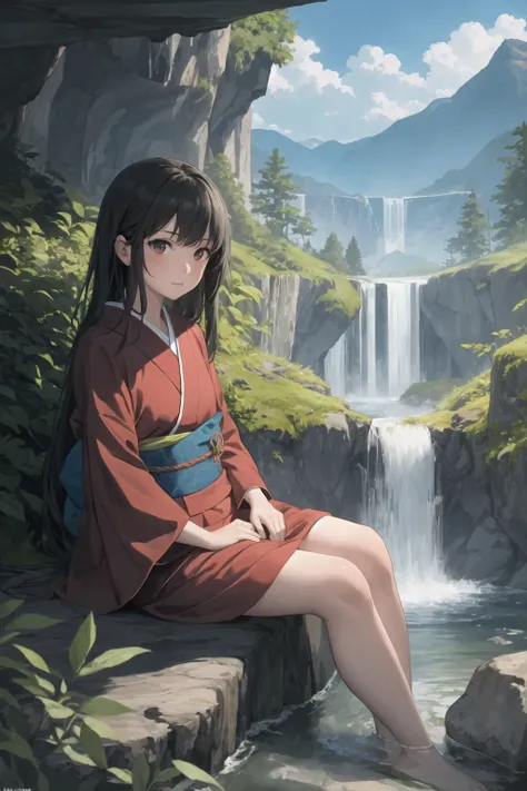 masterpiece, best quality, 1girl, close up, long hair, red kimono, waterfall, mountains, rocks, cave, sitting, forest