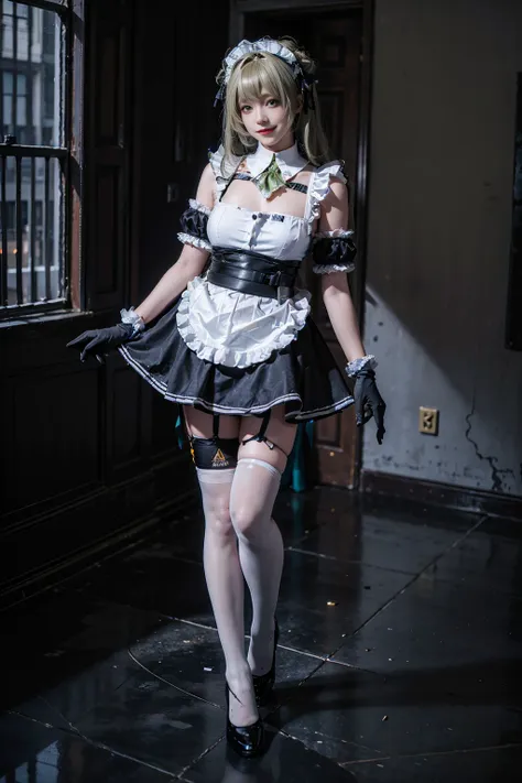 best quality, masterpiece, realistic, (photorealistic:1.4), 1girl, solo, full body, smile, sodasoda cosplay costume, cosplay, gloves, maid headdress, thighhighs, arm garter, <lora:nikke_soda_costplay_costume_v1:0.65>