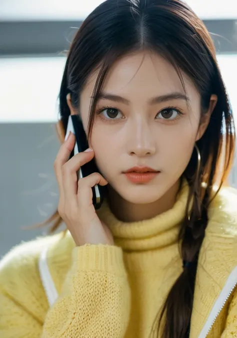 xxmix_girl,a close up of a person with a yellow sweater on and a cell phone in hand and a light shining on her face,long hair