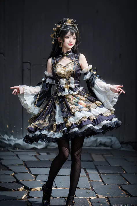 best quality, masterpiece, realistic, (photorealistic:1.4), 1girl, solo, full body, smile, cns dress, frilled dress, hair ornament, black pantyhose, detailed background, standing, dynamic pose, <lora:cns_dress_style5_v1:0.7>