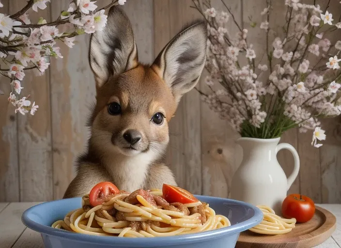 a (kawaii blue furred deer fawn:1.0) looking up at you from a bowl [:of spaghetti. (foodporn:1.0), meat, cheese, tomato sauce, i...