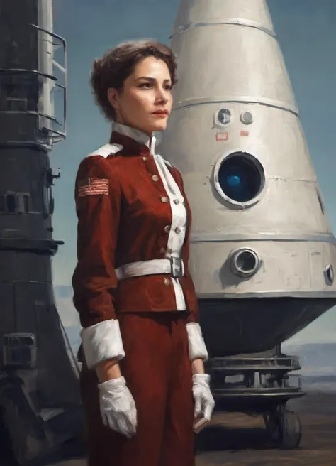 portrait of the female captain of a retro-future rocket ship stands on the launch pad in front of her victorian-style space ship wearing a baroque styled uniform art by ClassipeintXL