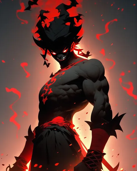 full body portrait of a devil warrior boy, evil smile, big eyes, expression of anger, war paint, full red and black colors, red aura, 2d art cover, official fanart behance hd artstation by jesper ejsing, by rhads, makoto shinkai and lois van baarle, ilya k...