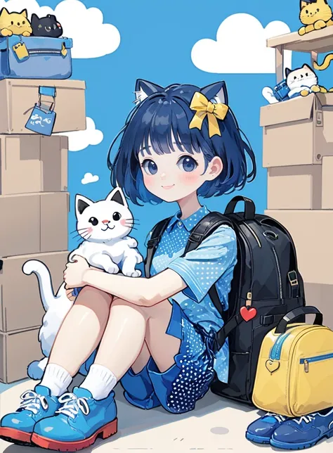 cute comic, 1girl, cat, shoes, smile, blue footwear, solo, sitting, short hair, socks, blue hair, shirt, cloud, polka dot, looki...